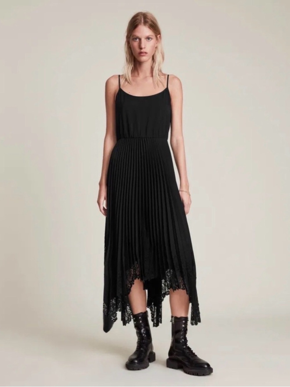 All Saints Black Aspyn Dress with Lace Hem
